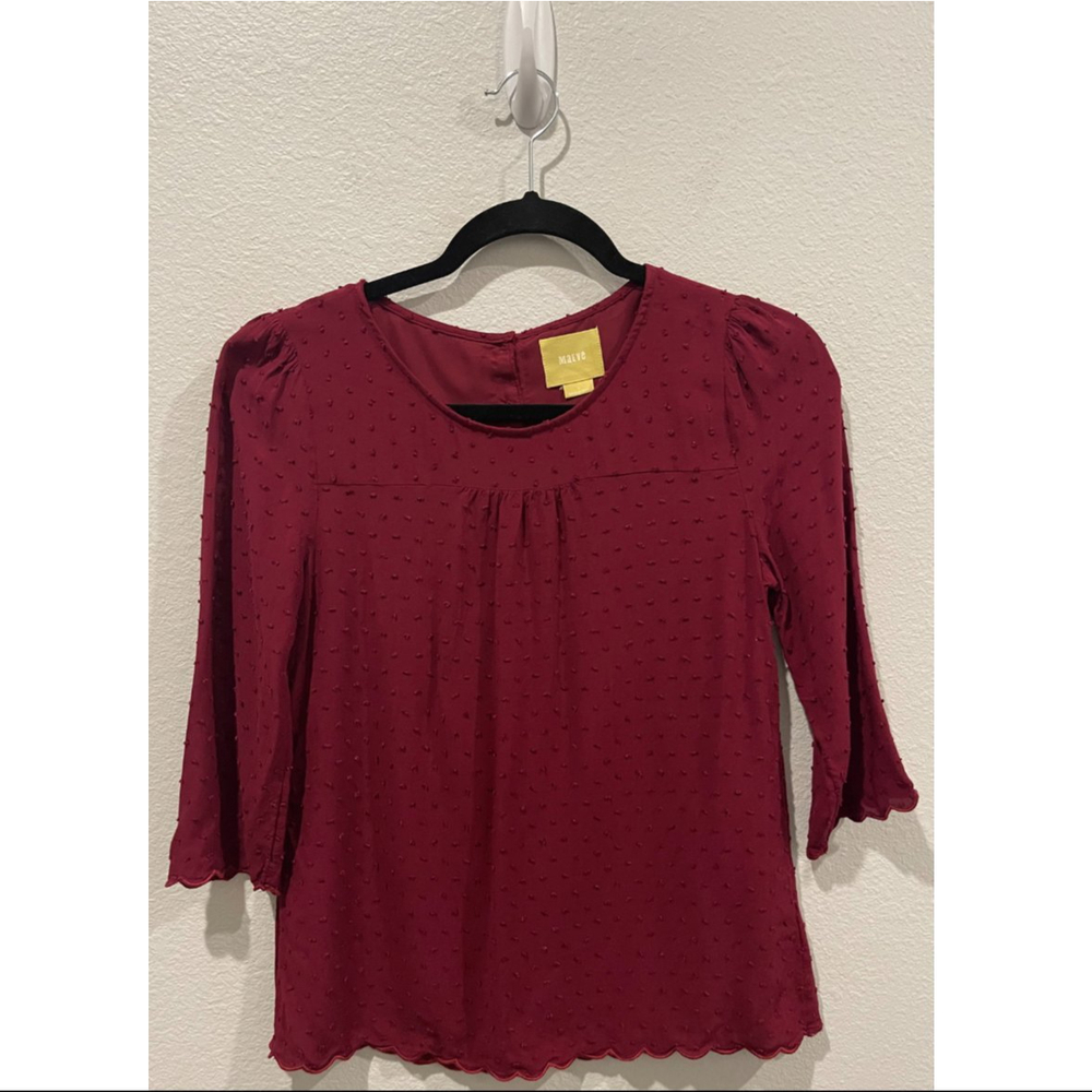 MAEVE Burgundy Swiss Dot Maroon Scalloped Edge Blouse